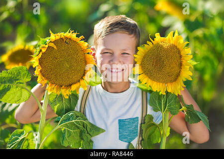 Beau garçon mignon sur champ de tournesol heureux de passer du temps dans l'élégant quartier de robe. Banque D'Images