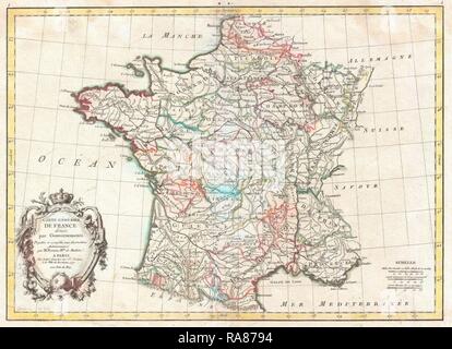 1771, Bonne carte de France, Rigobert Bonne 1727 - 1794, l'un des plus importants cartographes de la fin du 18e repensé Banque D'Images