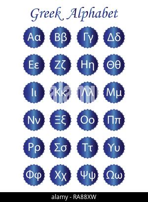 Alphabet grec vecteur avec les lettres majuscules et minuscules dans les cercles bleus - concept de l'éducation scolaire Illustration de Vecteur