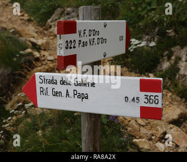 L'italien signe avec texte qui signifie route des Tunnels et Alpin hut appelé R. Papa dans Pasubio Mountain dans le Nord de l'Italie Banque D'Images