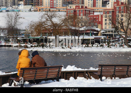 Couple sur le lac un jour de neige Banque D'Images