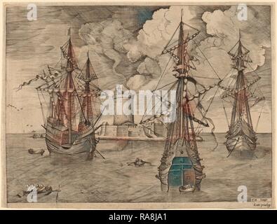 Frans Huys après Pieter Bruegel l'ancien (Flamand, 1522 - 1562), Four-Master (à gauche) et deux Three-Masters ancrée repensé Banque D'Images