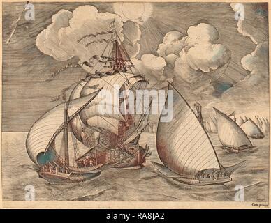 Frans Huys après Pieter Bruegel l'ancien (Flamand, 1522 - 1562), d'une flotte de galères escorté par une Caravelle, 1565 repensé Banque D'Images