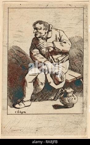 Cornelis Bega (Néerlandais, 1631-1632 - 1664), homme assis avec son chapeau dans la main droite, la gravure. Repensé Banque D'Images