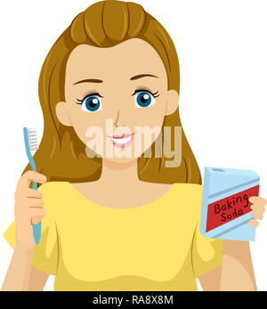 Illustration d'une adolescente Holding Toothbrush et une boîte de bicarbonate de soude comme alternative Dentifrice Banque D'Images