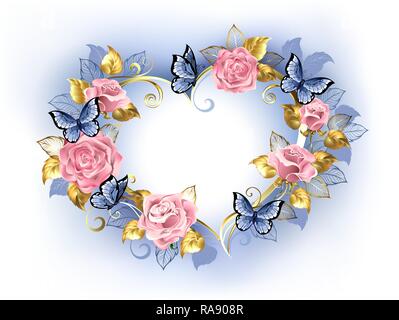 Bannière lumineuse en forme de coeur avec de l'or, décorées avec des roses rose, des feuilles et des papillons bleus sur fond blanc. Illustration de Vecteur