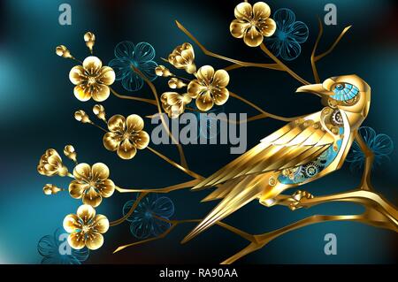 D'oiseaux d'or Golden steampunk avec pignons sur branch, bijoux fleur de cerisier, sur fond bleu turquoise. Illustration de Vecteur