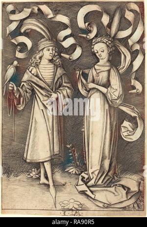 Israhel van Meckenem (Allemand), ch. 1445 - 1503), le fauconnier et noble dame, ch. 1495-1503, la gravure. Repensé Banque D'Images