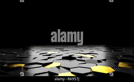 Image de rendu 3D en fibre de carbone hexagonale et fond d'or Banque D'Images