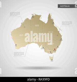 Carte Australie vecteur stylisée. L'infographie 3d gold site illustration avec les villes, les frontières, les capitaux, les divisions administratives et les marques, l'ombre du pointeur Illustration de Vecteur