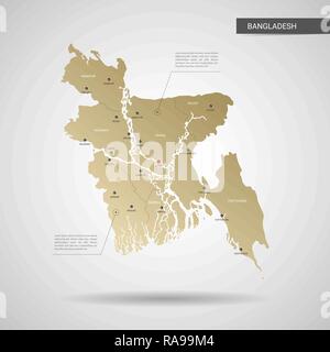 Vecteur stylisé Bangladesh carte. L'infographie 3d gold site illustration avec les villes, les frontières, les capitaux, les divisions administratives et les marques de pointeur, shado Illustration de Vecteur