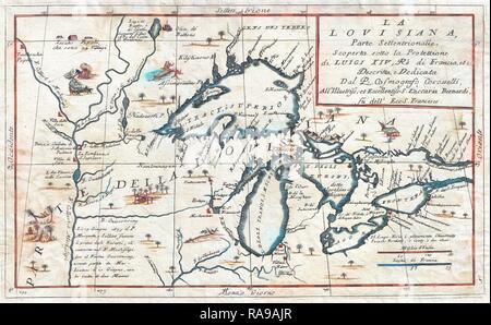 1696, Coronelli Carte des Grands Lacs, plus carte précise de la région des Grands Lacs au 17e siècle. Repensé Banque D'Images