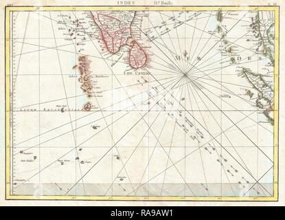 1770, Bonne carte de l'Inde du Sud, Sri Lanka, Ceylan, les Maldives, et dans l'Océan Indien, Rigobert Bonne 1727 - 1794 repensé Banque D'Images