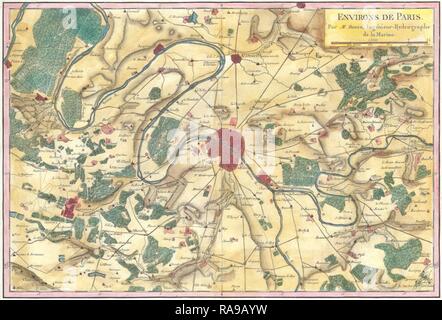 1780, Bonne carte des environs de Paris, France, Rigobert Bonne 1727 - 1794, l'un des plus importants cartographes repensé Banque D'Images