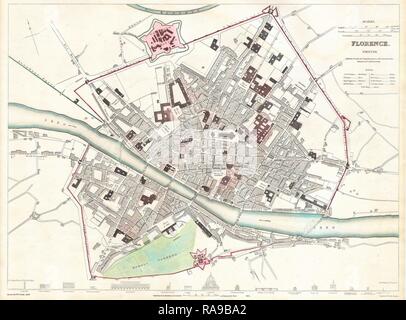 1835, S.D.U.K. Plan de la ville ou d'un Plan de Florence ou Firenze, Italie. Repensé par Gibon. L'art classique avec une touche moderne repensé Banque D'Images