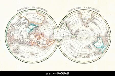 1838 Bradford, carte du monde, projection sur l'hémisphère nord et sud . Repensé par Gibon. Classic repensé Banque D'Images