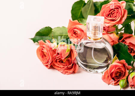 Flacon de parfum sur l'arrière-plan d'un bouquet de roses de corail. Banque D'Images