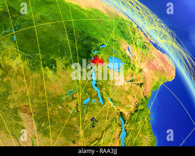 Le Rwanda à partir de l'espace sur la planète Terre avec le modèle de réseau. Concept de la technologie numérique, la connectivité et les voyages. 3D illustration. Éléments de cette amp Banque D'Images