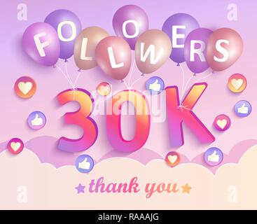Merci 30K abonnés bannière. Merci disciples félicitations carte. Vector illustration pour les réseaux sociaux. Utilisateur Web ou célèbre blogger tweets et un grand nombre d'abonnés. Illustration de Vecteur