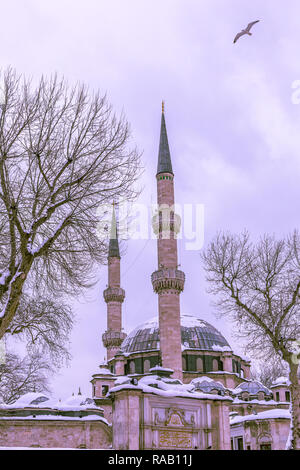 Mosquée du Sultan Eyup en hiver dans la neige, Istanbul, Turquie. Banque D'Images