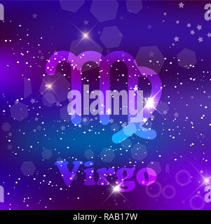 Signe astrologique Vierge et constellation cosmique sur un fond violet avec glowing stars et nébuleuse. illustration, bannière, Affiche, carte. L'espace, astrolog Banque D'Images