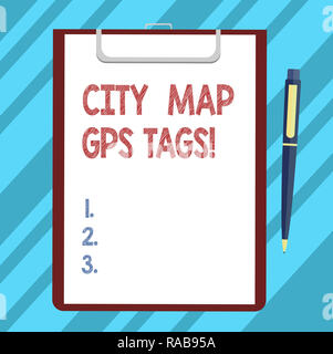 Plan de la Ville montrant des signes de texte Tags Gps. Système de positionnement global photo conceptuelle l'emplacement des places dans les villes Feuille de papier bond sur Presse-papiers wi Banque D'Images