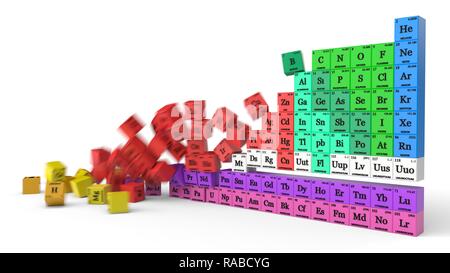 Tableau périodique concept avec la chute des cubes. Illustration 3d avec motion blur Banque D'Images