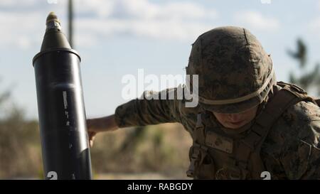 Un groupe de travail avec les marins au sud-ouest supprime une arrondir un M121 A1 120mm mortier lors d'une pousse de mortier à bord de Camp Lejeune, en Caroline du Nord, le 24 janvier 2017. Environ 300 Marines avec la Force sera déployée au sud-ouest de la province de Helmand, Afghanistan plus tard cette année où ils vont former, conseiller et assister l'Armée nationale afghane 215e Corps et la zone du 505th Police Nationale. Banque D'Images