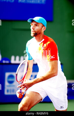 Pune, Inde. 3e janvier 2019. Ivo Karlovic de Croatie en action dans le premier quart de finale des célibataires compétition à Tata ouvrir le tournoi de tennis ATP de Maharashtra à Pune, en Inde. Credit : Karunesh Johri/Alamy Live News Banque D'Images