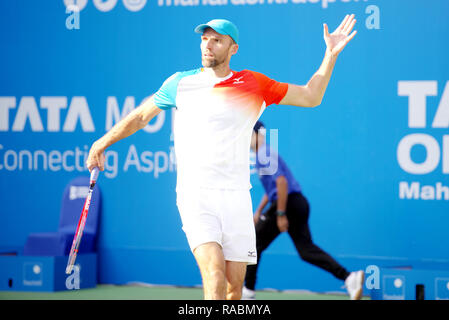 Pune, Inde. 3e janvier 2019. Ivo Karlovic de Croatie en action dans le premier quart de finale des célibataires compétition à Tata ouvrir le tournoi de tennis ATP de Maharashtra à Pune, en Inde. Credit : Karunesh Johri/Alamy Live News Banque D'Images