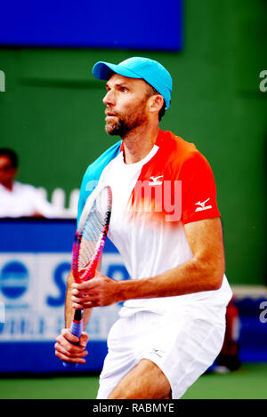 Pune, Inde. 3e janvier 2019. Ivo Karlovic de Croatie en action dans le premier quart de finale des célibataires compétition à Tata ouvrir le tournoi de tennis ATP de Maharashtra à Pune, en Inde. Credit : Karunesh Johri/Alamy Live News Banque D'Images