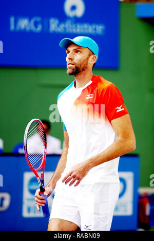 Pune, Inde. 3e janvier 2019. Ivo Karlovic de Croatie en action dans le premier quart de finale des célibataires compétition à Tata ouvrir le tournoi de tennis ATP de Maharashtra à Pune, en Inde. Credit : Karunesh Johri/Alamy Live News Banque D'Images