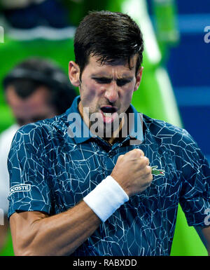 Doha, Qatar. 3 janvier, 2019. Novak Djokovic la Serbie d'après le célèbre match quart des célibataires contre Nikoloz Basilashvili de Géorgie à l'ATP tennis tournoi Open du Qatar à Doha, capitale du Qatar, le 3 janvier 2019. Credit : Nikku/Xinhua/Alamy Live News Banque D'Images