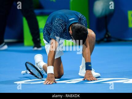 Doha, Qatar. 3 janvier, 2019. Novak Djokovic la Serbie au cours de la gestuelle de match quart des célibataires contre Nikoloz Basilashvili de Géorgie à l'ATP tennis tournoi Open du Qatar à Doha, capitale du Qatar, le 3 janvier 2019. Credit : Nikku/Xinhua/Alamy Live News Banque D'Images