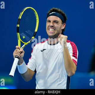 Doha, Qatar. 3 janvier, 2019. Marco Cecchinato de l'Italie célèbre après le match quart des célibataires contre Dusan Lajovic de la Serbie à l'ATP tennis tournoi Open du Qatar à Doha, capitale du Qatar, le 3 janvier 2019. Credit : Nikku/Xinhua/Alamy Live News Banque D'Images