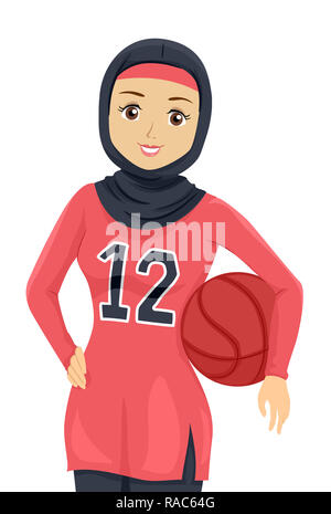 Illustration d'une jeune fille musulmane portant des vêtements athlétiques et Holding Basketball Banque D'Images