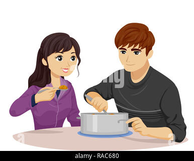 Illustration d'une adolescente et Guy de manger un repas de riz de la même marmite Banque D'Images