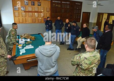 La CPS de l'armée américaine. Jose Armendariz affecté à l'activité de la santé publique de l'Italie, explique comment effectuer un examen médical sur un animal en peluche chien de police italienne Squadra Cinofili K9 et Venise Aéroport Questura di Padova et U.S. Air Force à Caserma Ederle, Vicenza, Italie, le 17 janvier 2017. Les équipes de chiens de travail militaire sont utilisés dans des médicaments, de patrouille et de la détection des explosifs et des fonctions de la mission pour le ministère de la défense et d'autres organismes gouvernementaux. Le 525e Détachement de chien de travail militaire, la formation conjointe avec la police italienne Squadra Cinofili K9 et Venise Aéroport Questura di Padova Banque D'Images