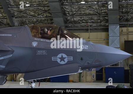 Marines affectés à l'Escadron de chasse marine attaque (VMFA) 121, 3rd Marine Aircraft Wing, déplacer F-35b dans un hangar, le 13 janvier 2017, lors d'un arrêt sur une base commune Elmendorf-Richardson, Alaska, en route vers Iwakuni Marine Corps Air Station, au Japon. VMFA-121 est le premier escadron opérationnel F-35B dans le Corps des Marines, avec son déménagement à 1ère aile d'avion à Iwakuni Marine. Le F-35B a été développé pour remplacer le Corps des Marines F/A-18 Hornet AV-8B Harrier, et EA- 6B Prowler. La version à décollage court atterrissage vertical (STOVL) est un véritable multiplicateur de force. La combinaison unique de furtivité et d'avant-garde Banque D'Images