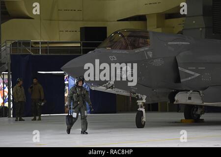 Marines affectés à l'Escadron de chasse marine attaque (VMFA) 121, 3rd Marine Aircraft Wing, déplacer F-35b dans un hangar, le 13 janvier 2017, lors d'un arrêt sur une base commune Elmendorf-Richardson, Alaska, en route vers Iwakuni Marine Corps Air Station, au Japon. VMFA-121 est le premier escadron opérationnel F-35B dans le Corps des Marines, avec son déménagement à 1ère aile d'avion à Iwakuni Marine. Le F-35B a été développé pour remplacer le Corps des Marines F/A-18 Hornet AV-8B Harrier, et EA- 6B Prowler. La version à décollage court atterrissage vertical (STOVL) est un véritable multiplicateur de force. La combinaison unique de furtivité et d'avant-garde Banque D'Images