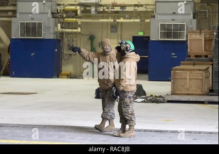 Marines affectés à l'Escadron de chasse marine attaque (VMFA) 121, 3rd Marine Aircraft Wing, déplacer F-35b dans un hangar, le 13 janvier 2017, lors d'un arrêt sur une base commune Elmendorf-Richardson, Alaska, en route vers Iwakuni Marine Corps Air Station, au Japon. VMFA-121 est le premier escadron opérationnel F-35B dans le Corps des Marines, avec son déménagement à 1ère aile d'avion à Iwakuni Marine. Le F-35B a été développé pour remplacer le Corps des Marines F/A-18 Hornet AV-8B Harrier, et EA- 6B Prowler. La version à décollage court atterrissage vertical (STOVL) est un véritable multiplicateur de force. La combinaison unique de furtivité et d'avant-garde Banque D'Images