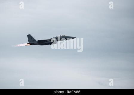 Un F-15E Strike Eagle avion décolle pendant Razor Talon, 20 janvier 2017, à Seymour Johnson Air Force Base, la Caroline du Nord. Razor Talon fournit des possibilités de formation uniques et les scénarios impliquant des forces amies grâce à la lutte contre la destruction de l'espace aérien attaquée à air-air et air-surface menaces simulées le long de la côte de la Caroline du Nord et région du centre du littoral atlantique. Banque D'Images