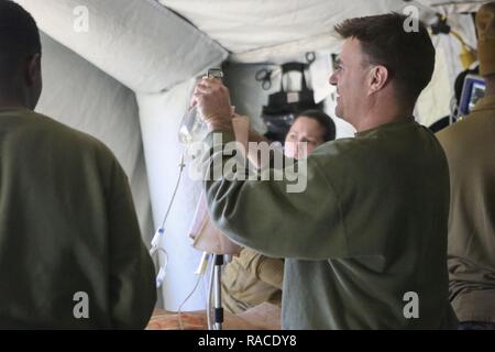 Les marins de la marine américaine avec 2e Bataillon Médical, 2e Groupe Logistique Maritime effectuer les exercices avec pertes de masse sur Egrett TLZ à Camp Lejeune, en Caroline du Nord, le 19 janvier 2017. Les marins a organisé une formation pour afficher corpsmen les capacités opérationnelles. Banque D'Images