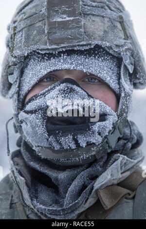 Un parachutiste affecté à la batterie Alpha, 2e Bataillon de parachutistes, 377e Régiment d'artillerie, d'infanterie 4e Brigade Combat Team (Airborne), 25e Division d'infanterie de l'armée américaine en Alaska, s'arrête pour une photo lors d'une pause en M119A2 105mm Howitzer live fire training at Joint Base Elmendorf-Richardson, Alaska, le 19 janvier 2017. Les parachutistes perfectionné leurs compétences en menant des missions de tir réel à des températures sous zéro. Les soldats de l'IBCT 4/24 appartiennent à la seule brigade aéroportée américaine dans le Pacifique et sont formés pour exécuter des manœuvres aériennes dans l'extrême froid/haute altitude de l'environnem Banque D'Images