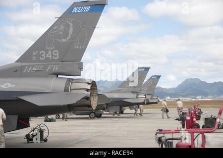 Un vol de F-16 Fighting Falcon attendent l'attention de l'équipage de la maintenance et des chefs de la Garde nationale aérienne du Minnesota's 148e Escadre de chasse. C'est la première de l'Aloha Sentry nouvelle année. Banque D'Images