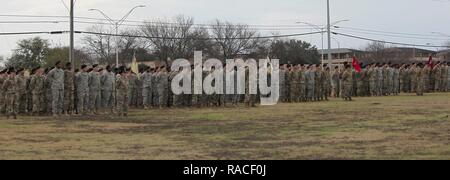 Les familles, amis, et proches des soldats dire adieu au lieutenant-colonel John Govan III sortant, commandant de bataillon, 115e Bataillon de soutien de la Brigade "Muleskinners," 1st Armored Brigade Combat Team, 1re Division de cavalerie, et s'est félicité le Lieutenant-colonel Eric Christiansen, nouveau commandant, au cours d'une cérémonie de passation de commandement le 18 janvier chez Cooper Champ à Fort Hood, au Texas. Banque D'Images