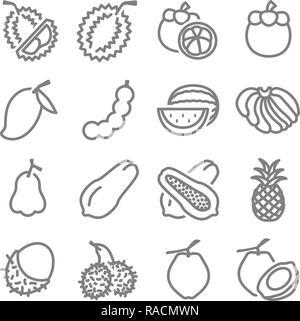 Les Fruits Thaï Asie ligne vectorielle d'icônes. Contient des icônes telles que le Durian, papaye, pastèque, banane et plus Illustration de Vecteur