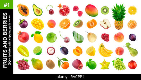 Les fruits tropicaux. Collection de différents fruits exotiques et les baies isolées sur fond blanc, ananas, orange, pomme, raisin, avocat, mangue, poire Banque D'Images