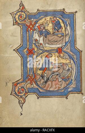 B Initial : David jouant de la Harpe pour Saul et David et Goliath, Bruges (peut-être), Belgique, mi-1200s, Tempera repensé Banque D'Images