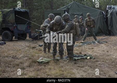 Les Marines américains avec le Siège Batterie, 1er Bataillon, 10e Régiment de Marines, 2e Division de Marines (2d MARDIV), monter une antenne OE-254 dans le cadre de l'exercice incendie 1-17 (FIREX) à Camp Lejeune, en Caroline du Nord, le 23 janvier 2017. FIREX 1-17 est un exercice de niveau bataillon conçu pour permettre à plusieurs batteries de s'entraîner ensemble afin d'améliorer les procédures normales d'exploitation internes. Banque D'Images